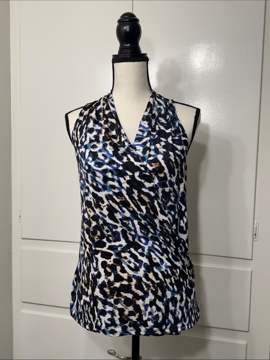 Guess Tops - Guess Sleeveless V-Neck Animal Print Top in Blue, Black & Cream